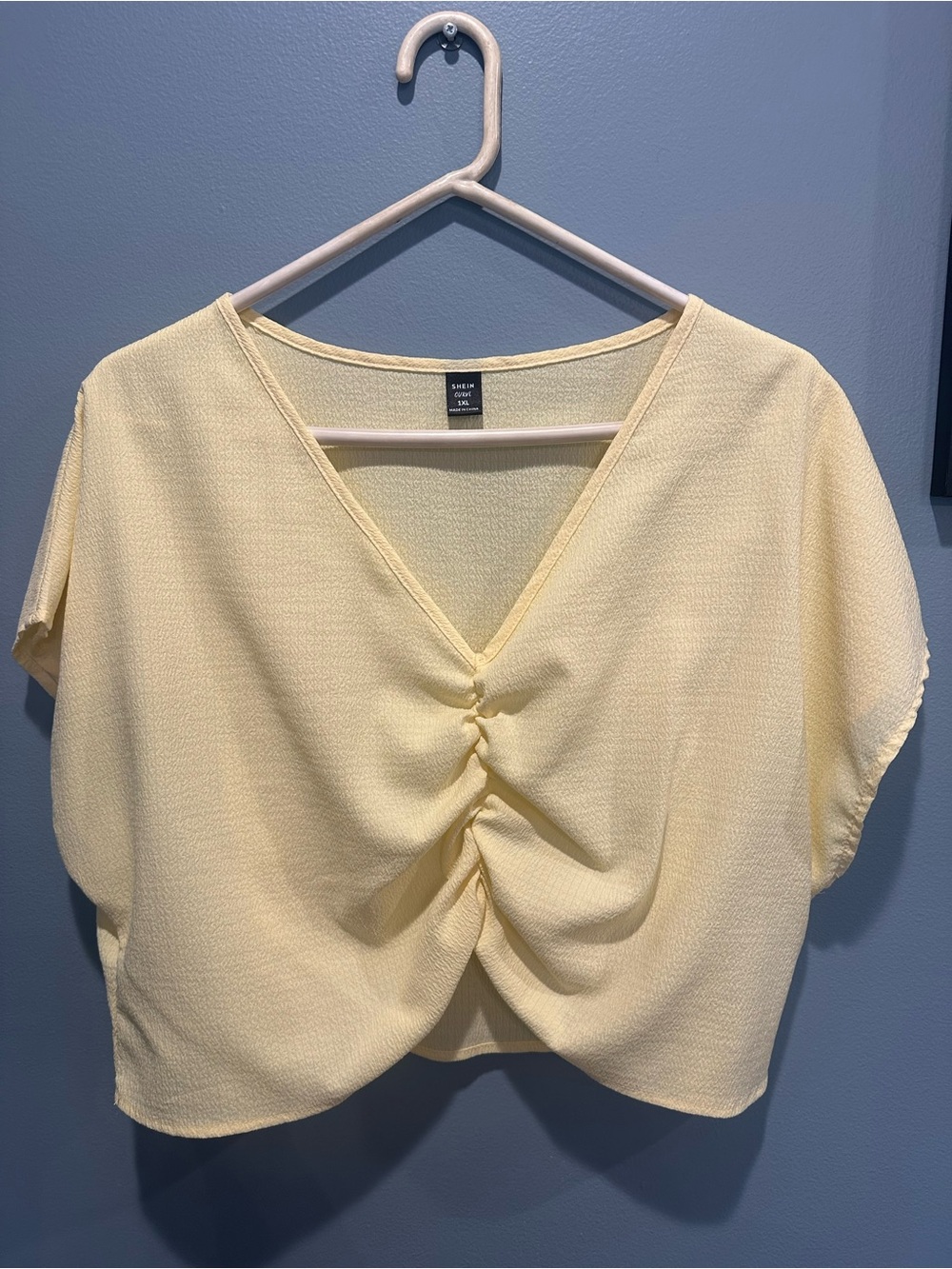 SHEIN Light Yellow Ruched V-Neck Crop Top